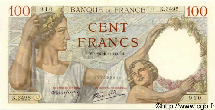 100 Francs SULLY FRANCE  1939 F.26.12 SPL+