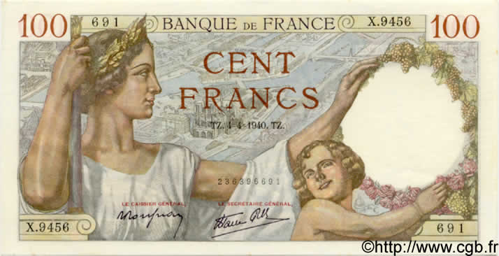 100 Francs SULLY FRANCE  1940 F.26.26 SPL