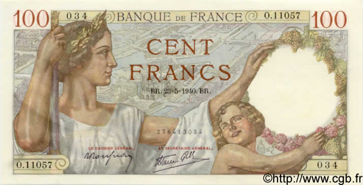 100 Francs SULLY FRANCE  1940 F.26.30 NEUF