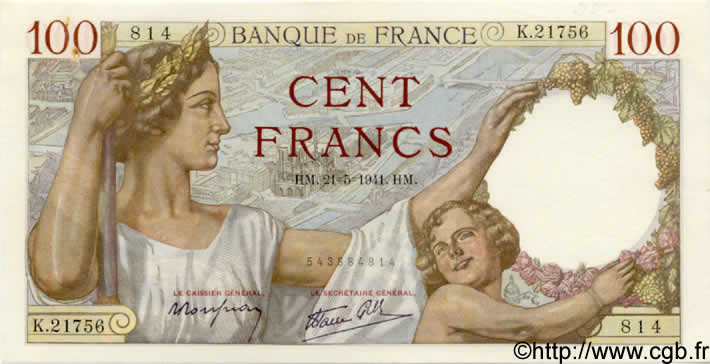 100 Francs SULLY FRANCE  1941 F.26.52 SPL