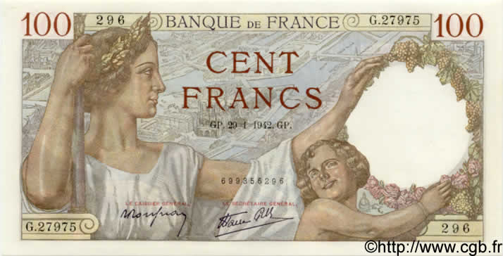 100 Francs SULLY FRANCE  1942 F.26.65 pr.NEUF
