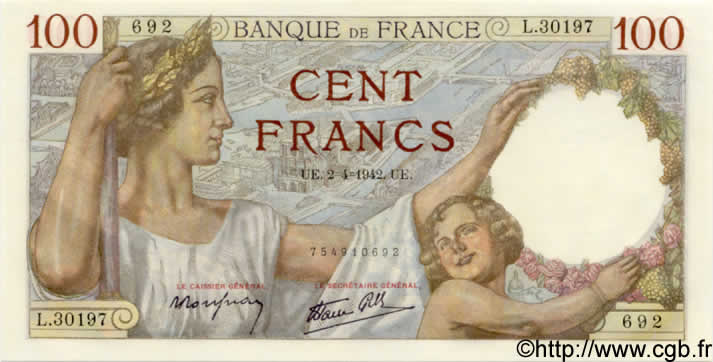 100 Francs SULLY FRANCE  1942 F.26.69 NEUF