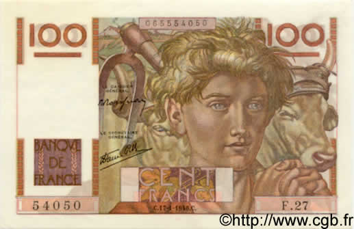 100 Francs JEUNE PAYSAN FRANCE  1946 F.28.02 UNC