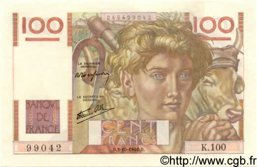 100 Francs JEUNE PAYSAN FRANCE  1946 F.28.09 SPL