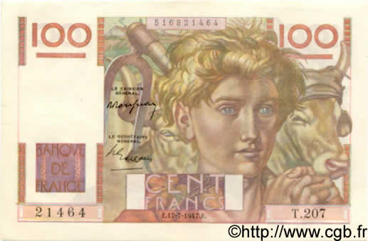 100 Francs JEUNE PAYSAN FRANCE  1947 F.28.15 SPL