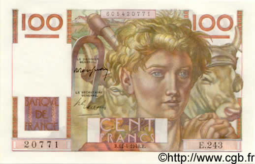 100 Francs JEUNE PAYSAN FRANCE  1948 F.28.17 NEUF