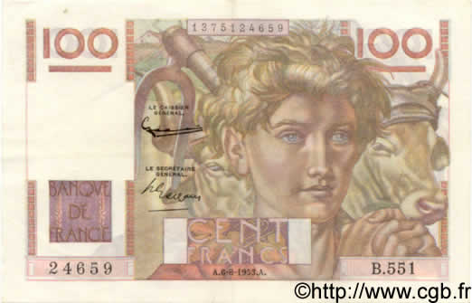 100 Francs JEUNE PAYSAN FRANCE  1953 F.28.38 pr.SUP