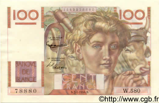 100 Francs JEUNE PAYSAN FRANCE  1954 F.28.41 SUP+