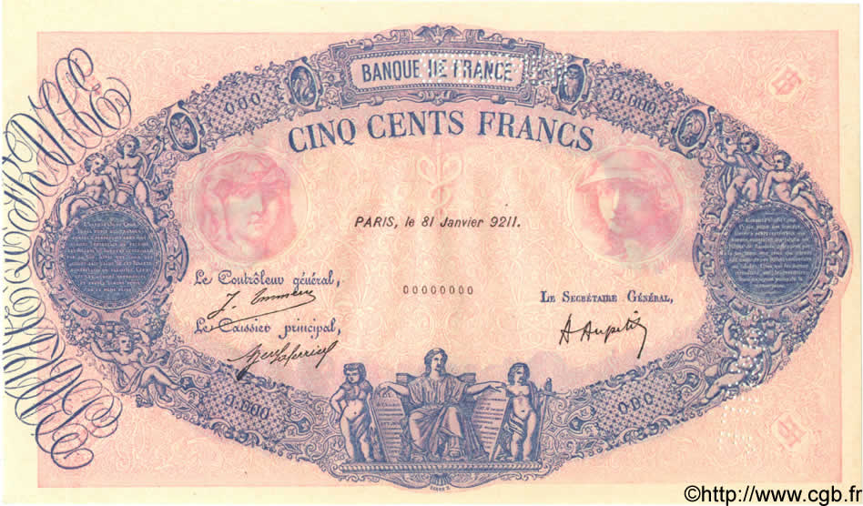 500 Francs BLEU ET ROSE FRANCE  1921 F.30.00x NEUF