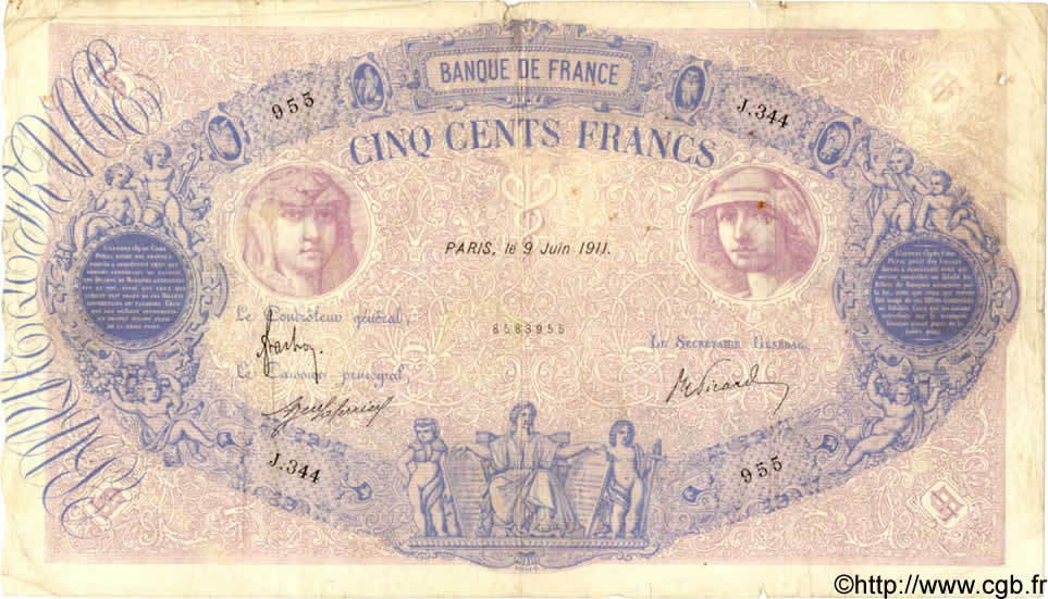 500 Francs BLEU ET ROSE FRANCE  1911 F.30.19 B+