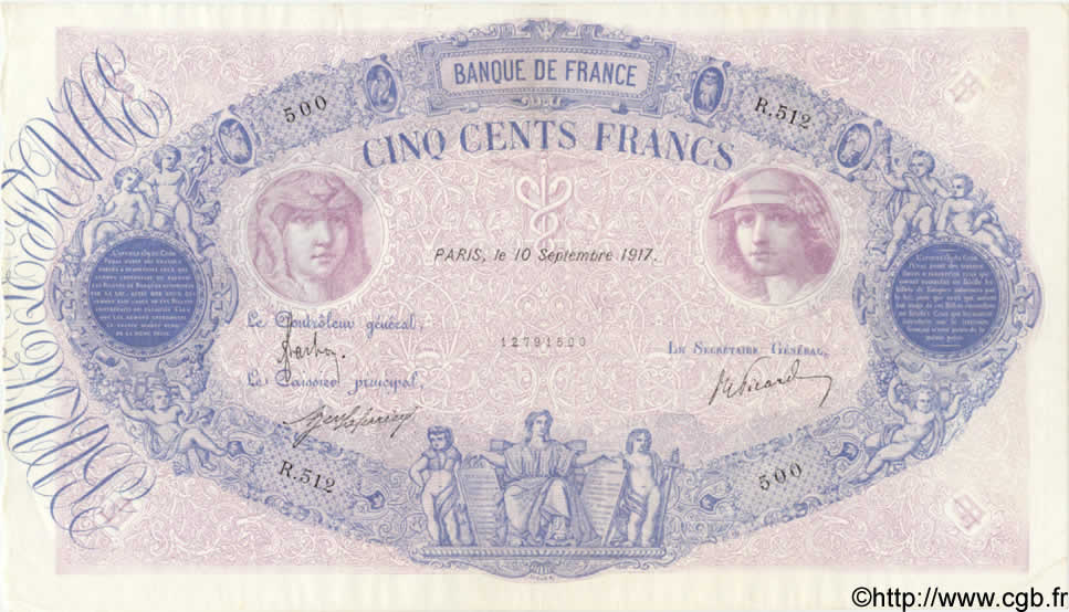 500 Francs BLEU ET ROSE FRANCE  1917 F.30.23 TTB+