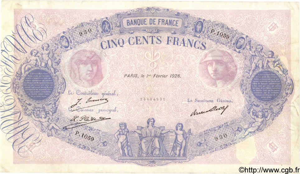 500 Francs BLEU ET ROSE FRANCE  1928 F.30.31 TB+