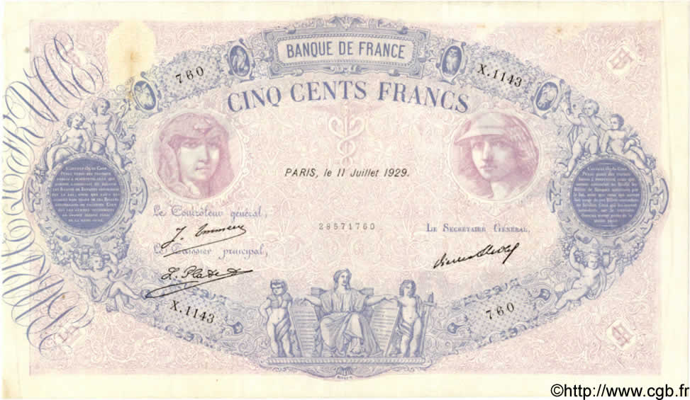 500 Francs BLEU ET ROSE FRANCE  1929 F.30.32 TB+