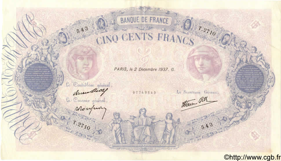 500 Francs BLEU ET ROSE modifié FRANCE  1937 F.31.04 pr.SUP
