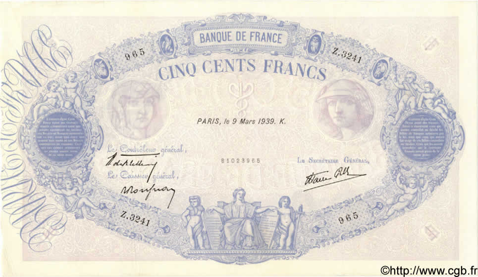 500 Francs BLEU ET ROSE modifié FRANCE  1939 F.31.26 TTB+