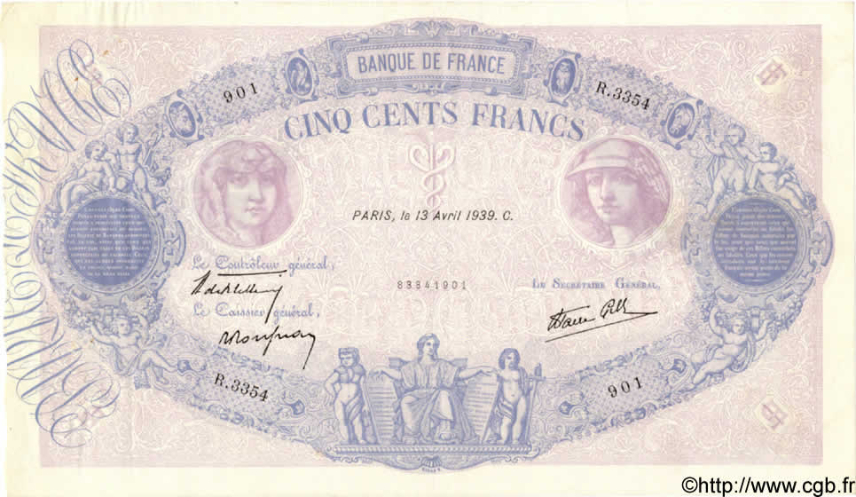 500 Francs BLEU ET ROSE modifié FRANCE  1939 F.31.31 SUP