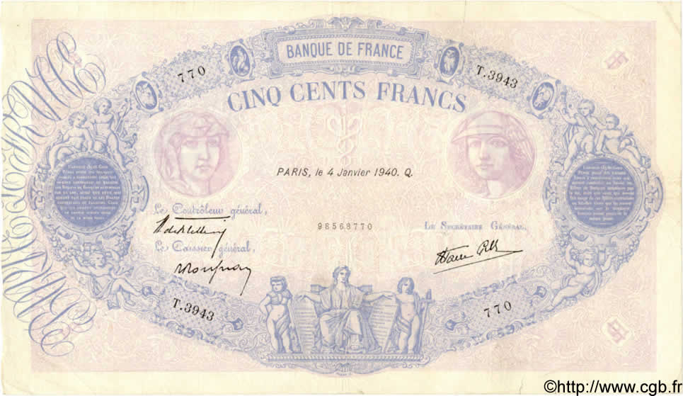 500 Francs BLEU ET ROSE modifié FRANCE  1940 F.31.55 TB+