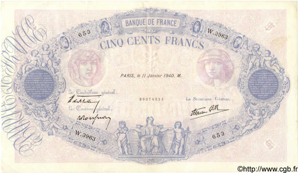 500 Francs BLEU ET ROSE modifié FRANCE  1940 F.31.56 TTB+