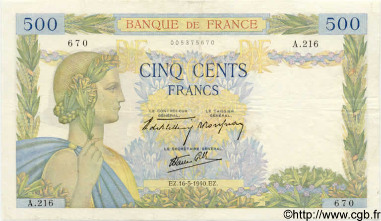 500 Francs LA PAIX FRANCE  1940 F.32.02 TB+
