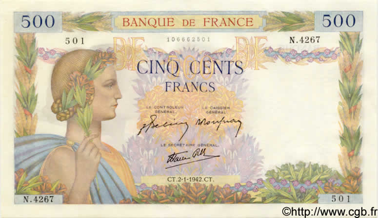 500 Francs LA PAIX FRANCE  1942 F.32.26 pr.NEUF