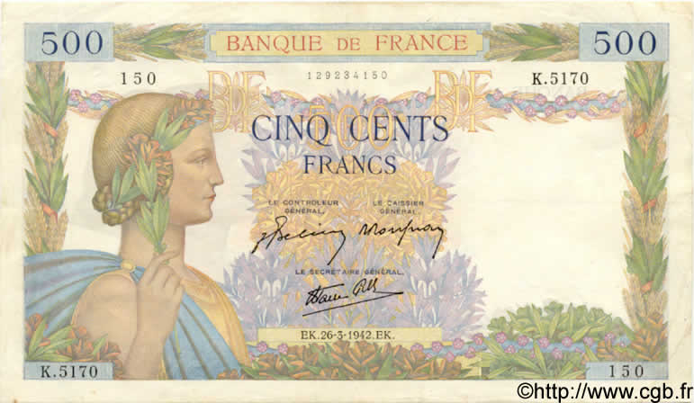 500 Francs LA PAIX FRANCE 1942 F.32.32 TTB+