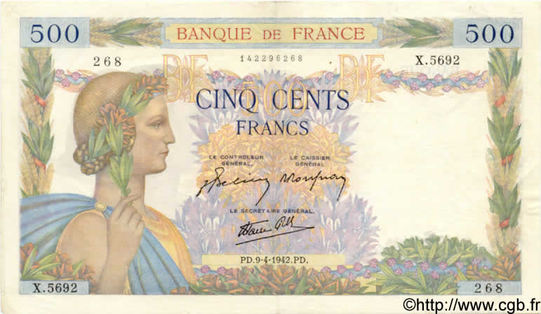 500 Francs LA PAIX FRANCE  1942 F.32.34 pr.SUP