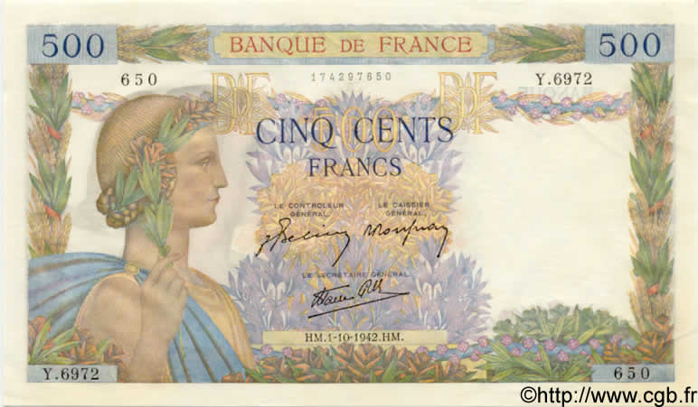 500 Francs LA PAIX FRANCE 1942 F.32.41 pr.NEUF