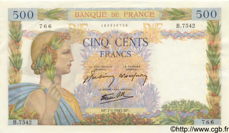 500 Francs LA PAIX FRANCE  1943 F.32.44 SPL
