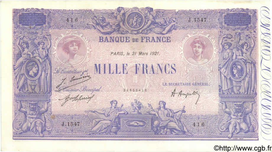 1000 Francs BLEU ET ROSE FRANCE  1921 F.36.37 TTB+