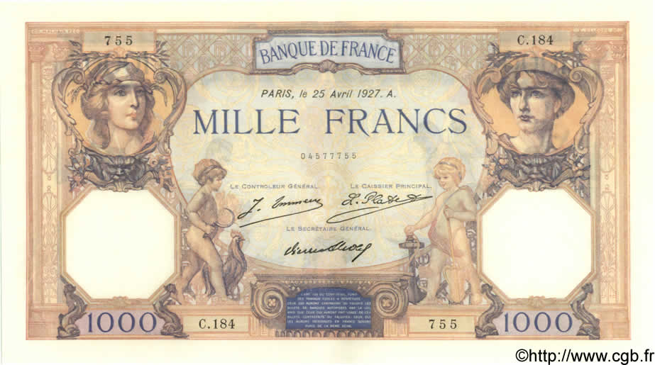 1000 Francs CÉRÈS ET MERCURE FRANCE  1927 F.37.01 SPL