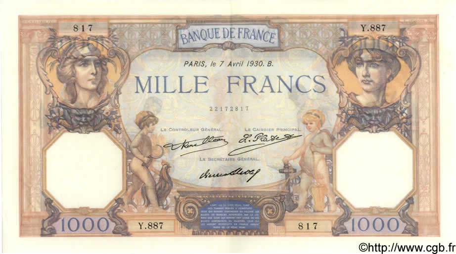 1000 Francs CÉRÈS ET MERCURE FRANCE  1930 F.37.05 SUP+