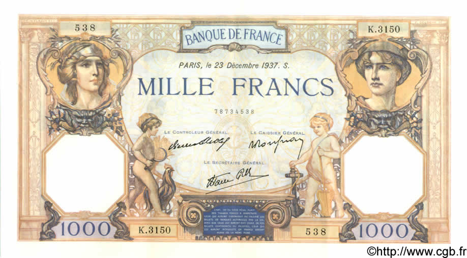 1000 Francs CÉRÈS ET MERCURE type modifié FRANCE  1937 F.38.08 SUP+