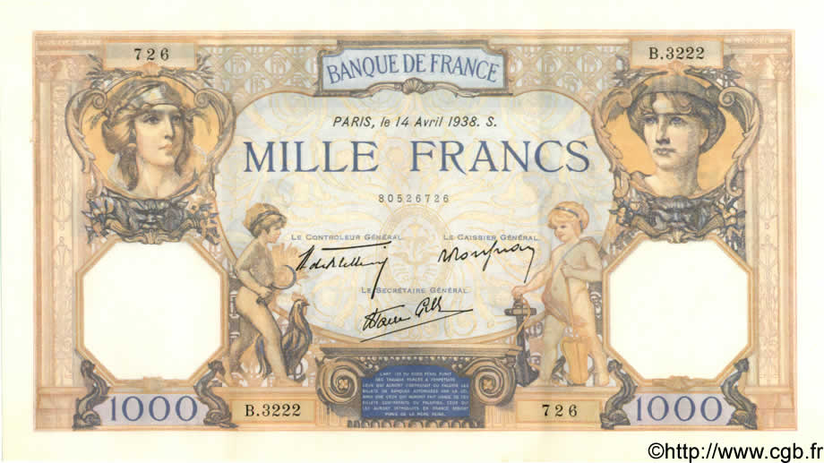 1000 Francs CÉRÈS ET MERCURE type modifié FRANCE  1938 F.38.11 pr.SPL