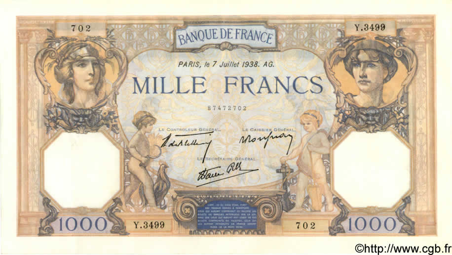 1000 Francs CÉRÈS ET MERCURE type modifié FRANCE  1938 F.38.22 SUP+