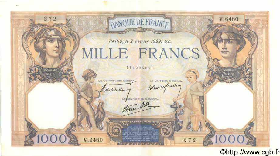 1000 Francs CÉRÈS ET MERCURE type modifié FRANCE  1939 F.38.34 SPL+