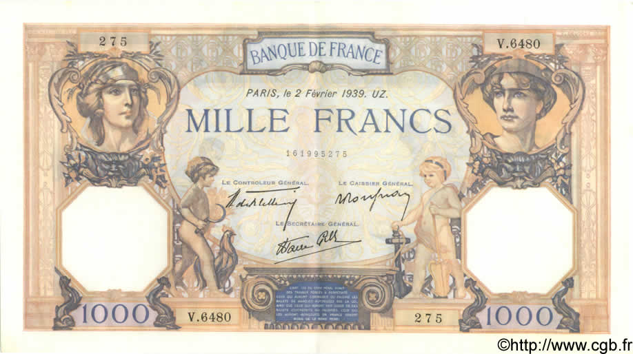 1000 Francs CÉRÈS ET MERCURE type modifié FRANCE  1939 F.38.34 SPL+