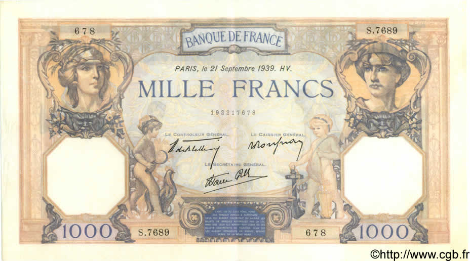 1000 Francs CÉRÈS ET MERCURE type modifié FRANCE  1939 F.38.37 SUP+