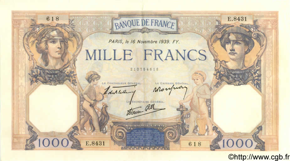 1000 Francs CÉRÈS ET MERCURE type modifié FRANCE  1939 F.38.39 SUP