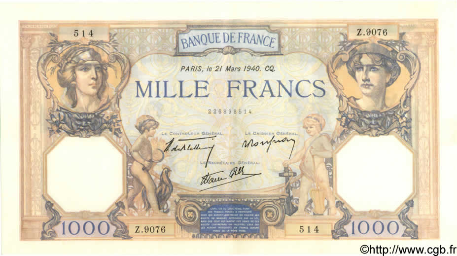 1000 Francs CÉRÈS ET MERCURE type modifié FRANCE  1940 F.38.44 SPL+