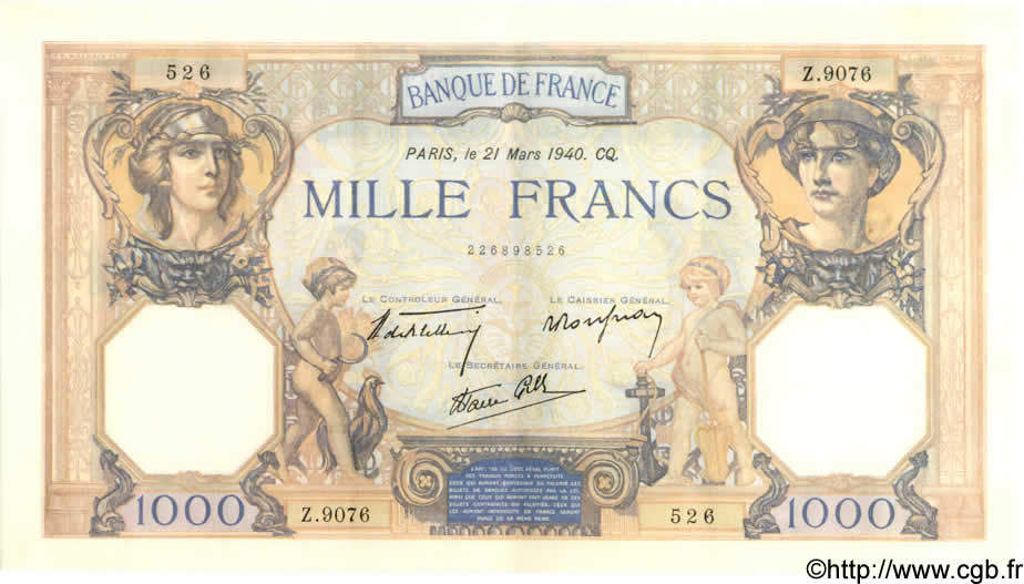 1000 Francs CÉRÈS ET MERCURE type modifié FRANCE  1940 F.38.44 SPL+