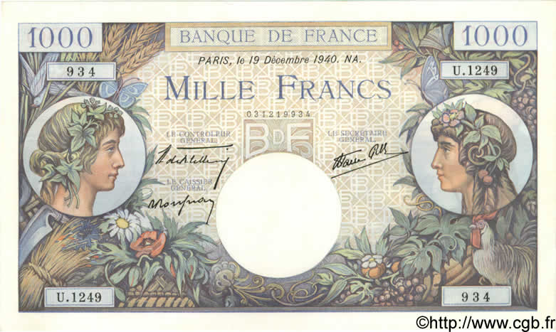 1000 Francs COMMERCE ET INDUSTRIE FRANCE  1940 F.39.03 NEUF