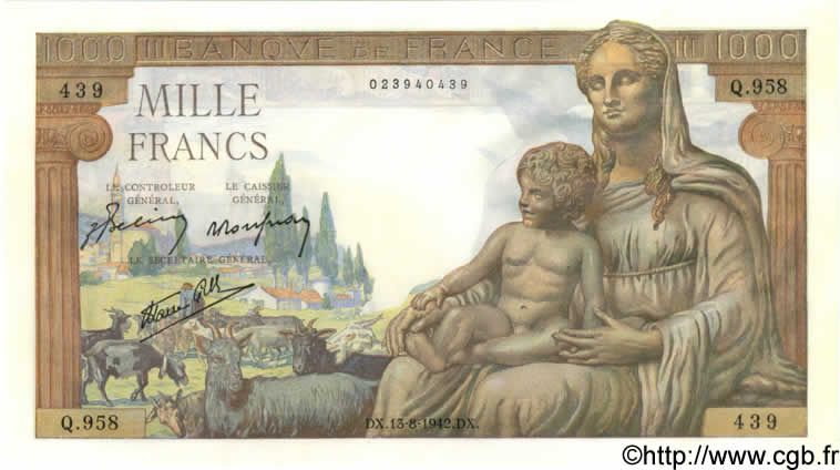 1000 Francs DÉESSE DÉMÉTER FRANCE  1942 F.40.04 pr.NEUF