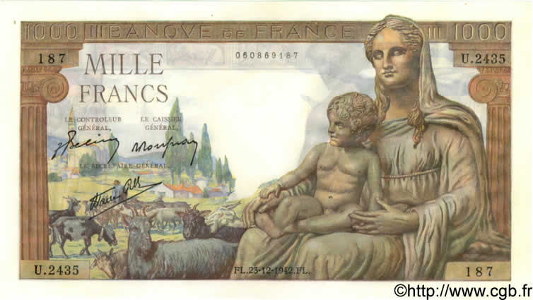 1000 Francs DÉESSE DÉMÉTER FRANCE  1942 F.40.14 NEUF