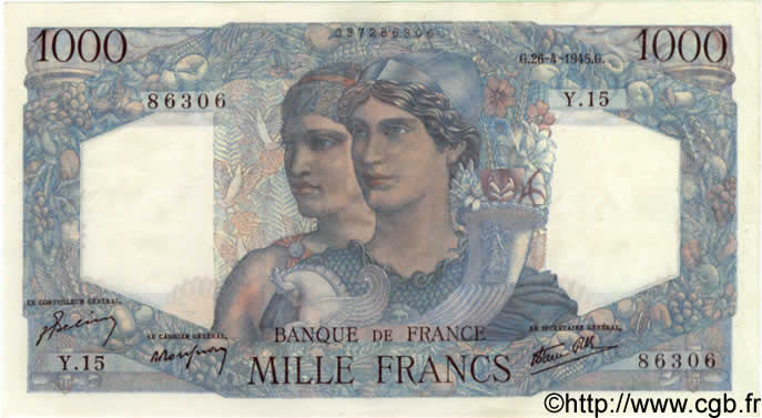 1000 Francs MINERVE ET HERCULE FRANCE  1945 F.41.02 pr.NEUF
