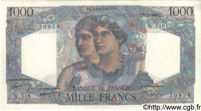 1000 Francs MINERVE ET HERCULE FRANCE  1948 F.41.24 SPL