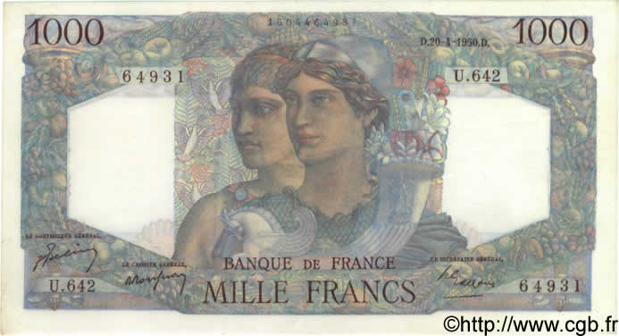 1000 Francs MINERVE ET HERCULE FRANCE  1950 F.41.32 SUP+