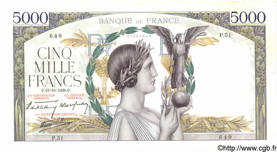 5000 Francs VICTOIRE modifié, taille douce FRANCE  1938 F.45.01 pr.SPL