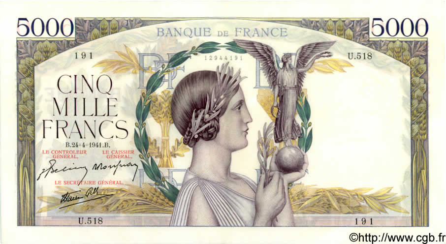 5000 Francs VICTOIRE Impression à plat FRANCE  1941 F.46.20 pr.SPL
