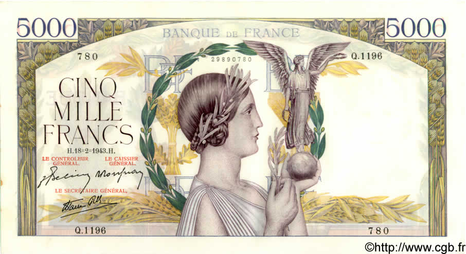 5000 Francs VICTOIRE Impression à plat FRANCE  1943 F.46.48 pr.SPL