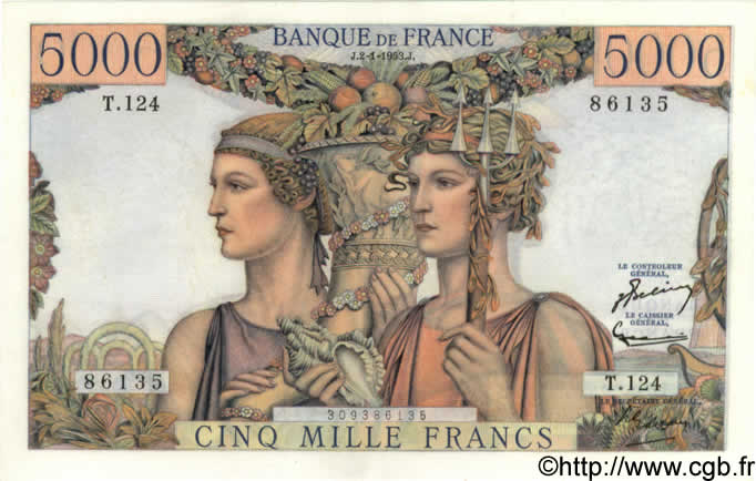 5000 Francs TERRE ET MER FRANCE  1953 F.48.08 pr.SPL